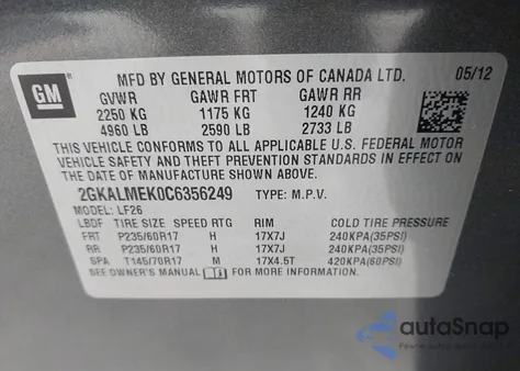 2012 GMC Terrain Sle-1 from USA, damaged, VIN 2GKALMEK0C6356249